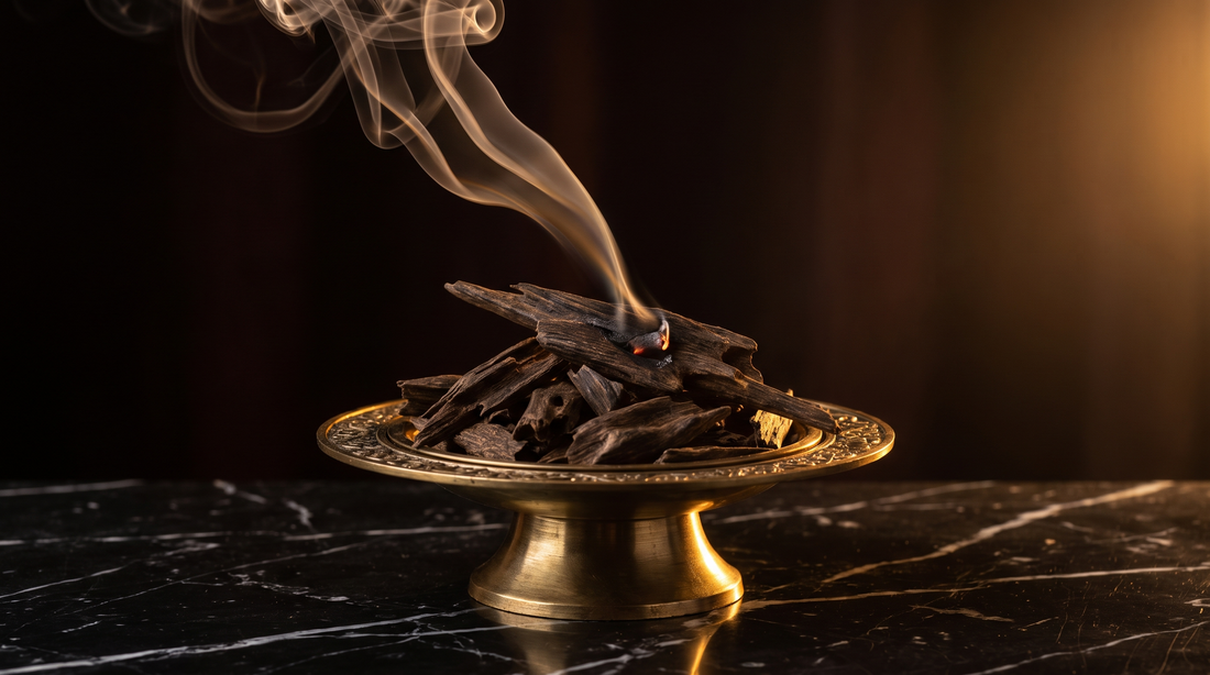 Oud wood chips on a brass burner with a thin ribbon of smoke