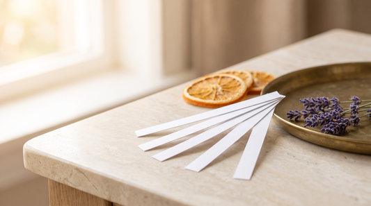 Fragrance test strips, dried orange slices and lavender on a marble counter