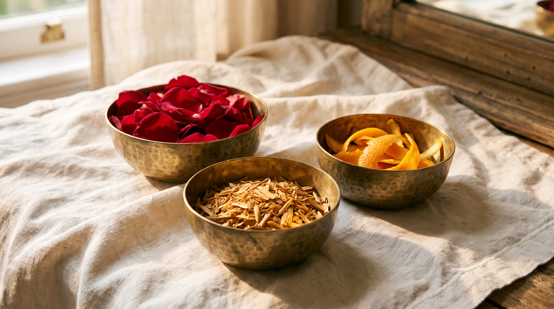 Brass bowls of rose petals, sandalwood shavings and orange zest on linen