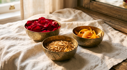 Brass bowls of rose petals, sandalwood shavings and orange zest on linen