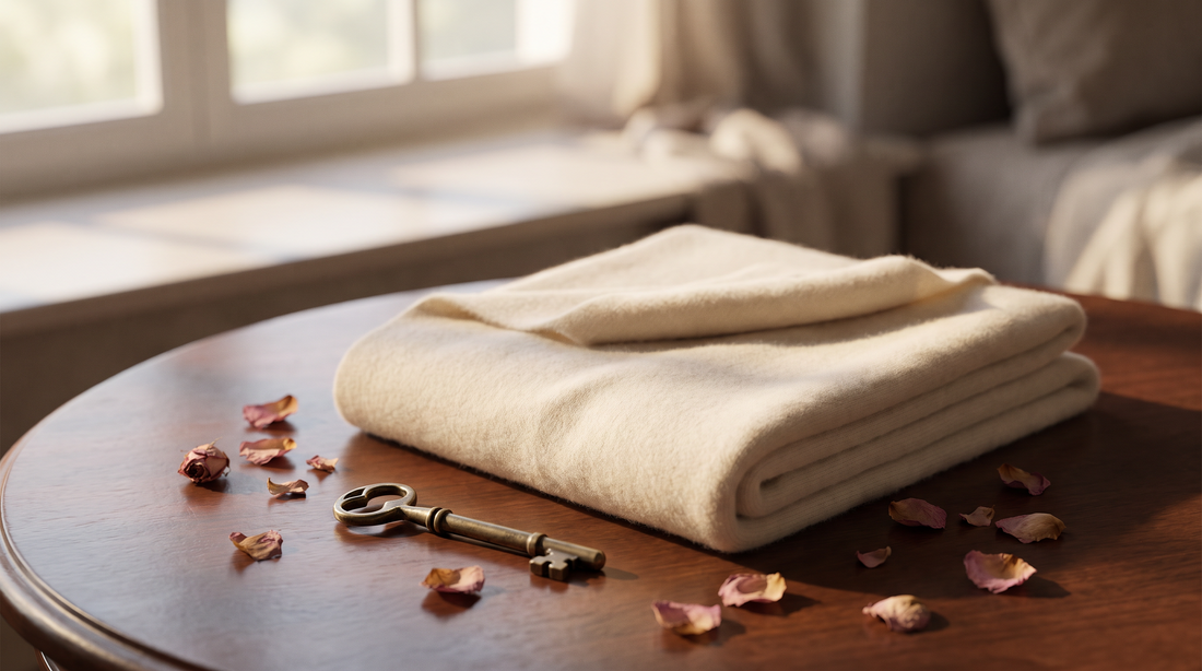 A folded cream scarf, an antique brass key and dried rose petals on a wooden table
