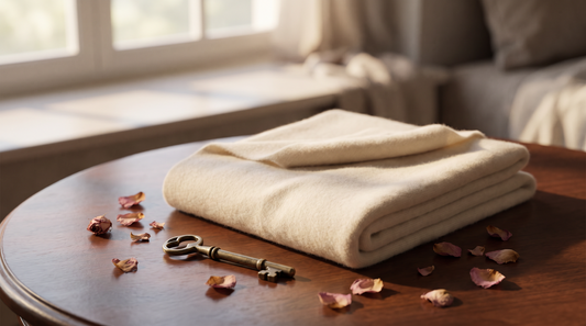 A folded cream scarf, an antique brass key and dried rose petals on a wooden table